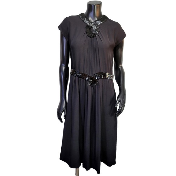Vintage 40s Rosalinde Gilbert Model Black Cocktail Sheath Dress Sequins England - Picture 2 of 16